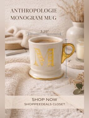 Anthropologie Monogram Mug “M” Gold Trim Shaving Style Coffee Cup